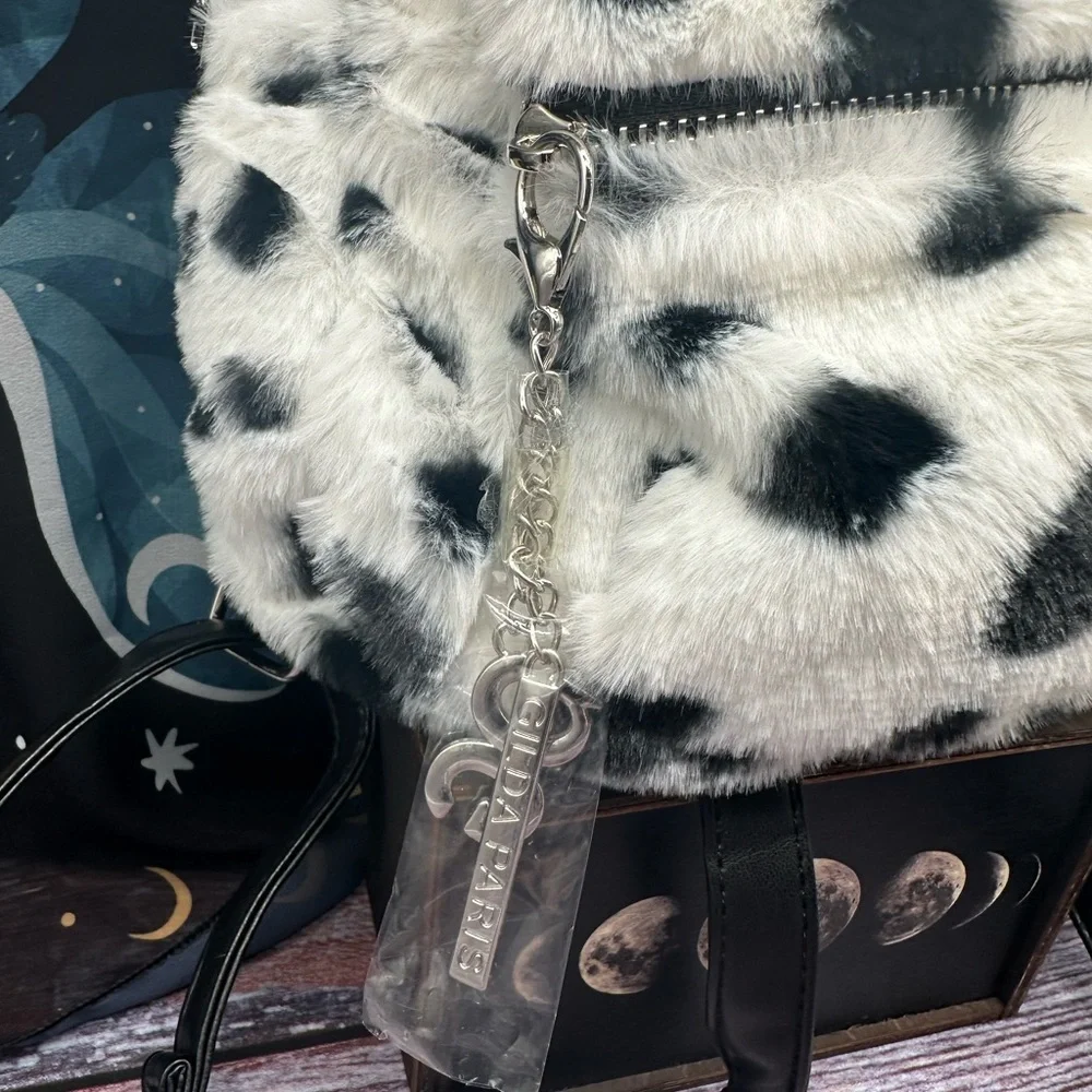 GILDA PARIS | Plush Fur Animal Print Spotted Mini Backpack with Charms NWT